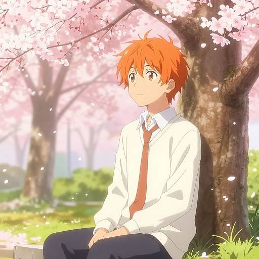 Anime-style digital drawing of a red-haired boy with large eyes, wearing a white shirt and red tie, sitting under cherry blossoms. Soft sunlight filters