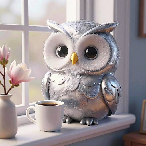 Cozy Cartoon Owl with Coffee