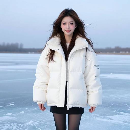 Photograph of an Asian woman with long brown hair, wearing a white puffy jacket, black dress, and black tights, standing on a frozen
