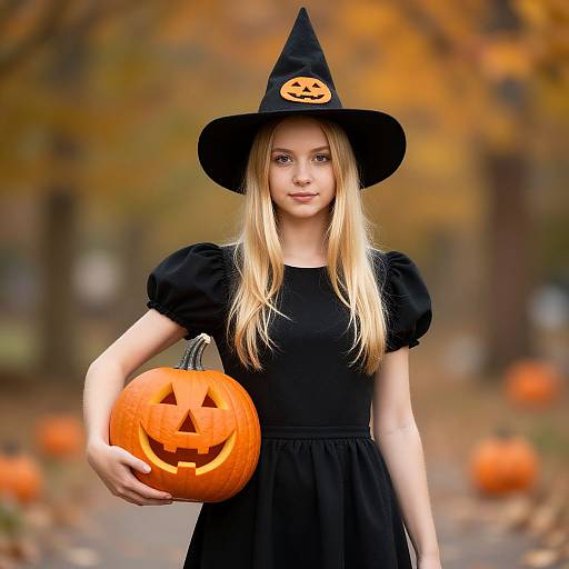Blonde Girl with Halloween Pumpkin