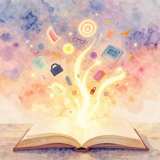 Watercolor illustration of an open book emitting vibrant, glowing symbols and objects like books, papers, and icons, against a cloudy, pastel sky.