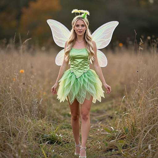 Photograph of a blonde woman in a green fairy costume with translucent wings, halo, and tulle skirt, walking through a grassy field.