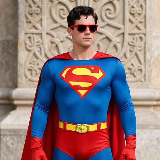 Photorealistic image of a handsome, dark-haired man in classic Superman costume with red cape, blue bodysuit, yellow belt, and black sunglasses