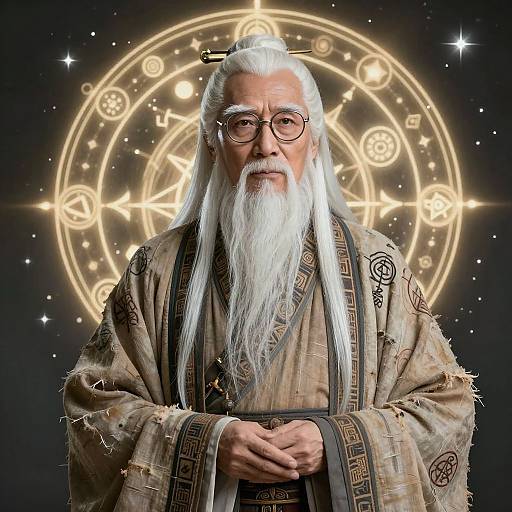 Photograph of an elderly Asian man with long white hair, full beard, and glasses, wearing a traditional embroidered robe, standing before a glowing, circular