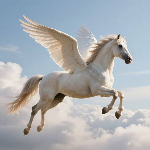 Photograph of a white Pegasus with wings spread, galloping through a bright blue sky with fluffy white clouds below.