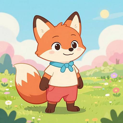 Cute, cartoon fox with orange fur, white chest, and pink shorts, wearing a blue bowtie, stands in a colorful, sunny meadow