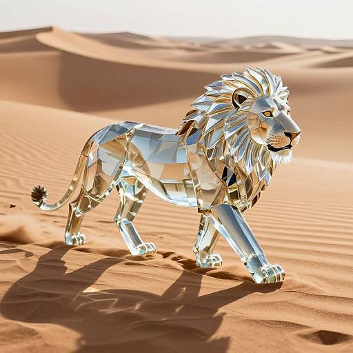 Digital artwork of a reflective, geometric, silver lion walking in a sunlit, sandy desert, casting sharp shadows on the ground.