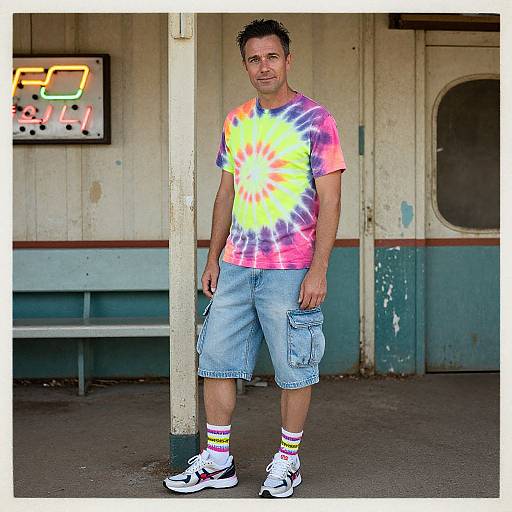 Man in Neon Tie-Dye Shirt at Abandoned Station