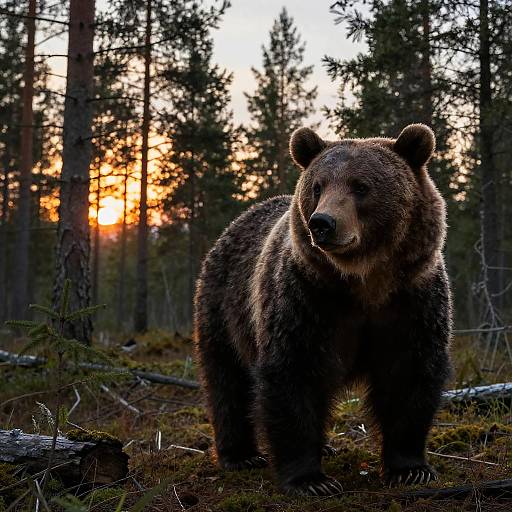 Photograph of a large, brown bear standing in a forest at sunset, with tall trees and a glowing orange sky in the background.