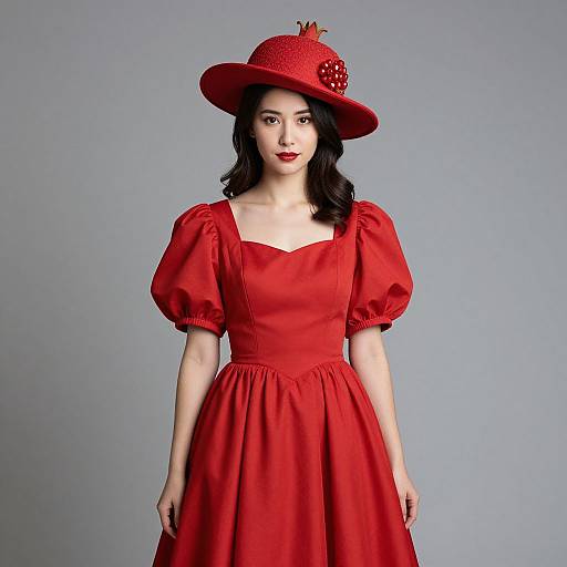 East Asian woman in red puffed-sleeve dress and red hat with strawberry decoration, standing against gray background, photograph.
