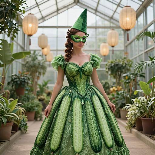 Photograph of a woman in a green cucumber-patterned ball gown, green mask, and hat, standing in a glass greenhouse with hanging lanterns and