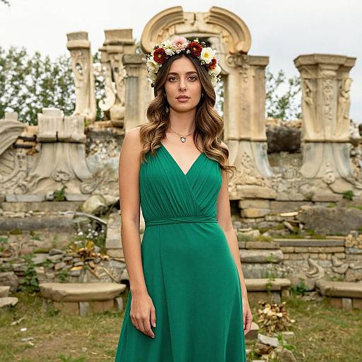 Photograph of a young woman with long brown hair, wearing a green dress and flower crown, standing in a ruined stone courtyard.