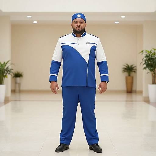 Photograph of a bearded South Asian man in blue and white cricket team uniform, standing in a bright, modern hallway with potted plants.