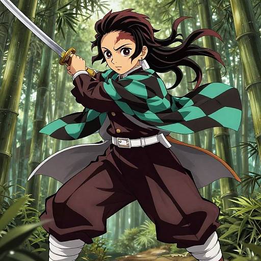 Anime-style digital drawing of a black-haired boy in a green-black checkered cloak, wielding a sword in a bamboo forest.