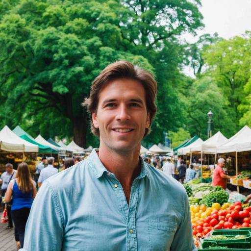Man in Lively Market Square with Trees