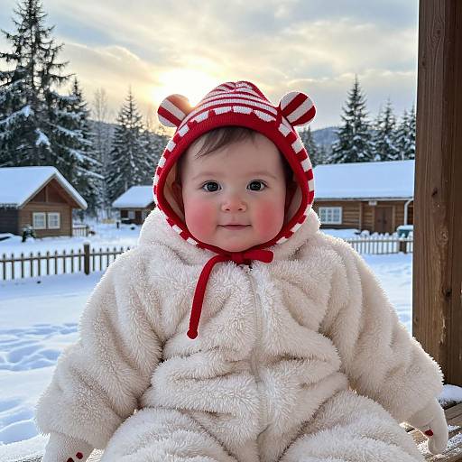 Photograph of a smiling baby in a red and white bear hat, white fuzzy coat, sitting in snowy, forested backyard.