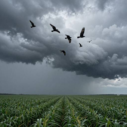 Photograph of a stormy sky with dark clouds, silhouetted birds flying over a lush, green cornfield stretching to the horizon.