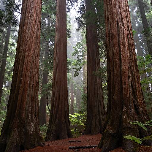 Photograph of a dense redwood forest with towering, textured redwood trees, lush green ferns, and misty light filtering through the canopy.