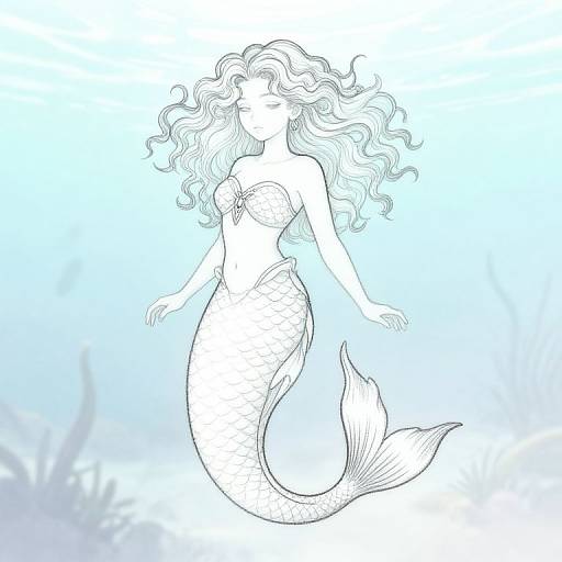 Line art drawing of a serene mermaid with flowing hair, fish-scale tail, and delicate fins, floating in a light blue underwater background with faint seaw