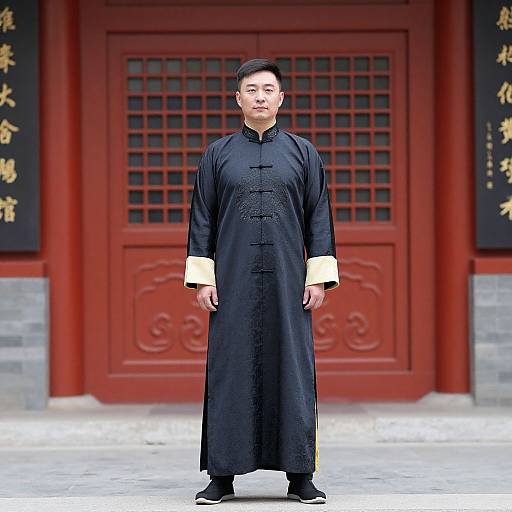 Photograph of an Asian man in traditional black Chinese garment with white cuffs, standing in front of a red, ornate temple door.