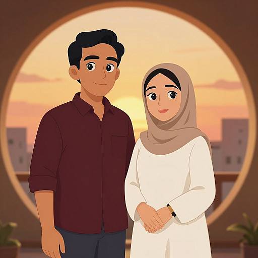 Digital illustration of a smiling couple; man in dark shirt, woman in white hijab and dress, standing before sunset through circular window.