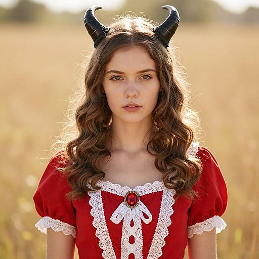 Young woman with wavy brown hair, wearing red lace dress and black devil horns, stands in sunlit golden field. Photograph.