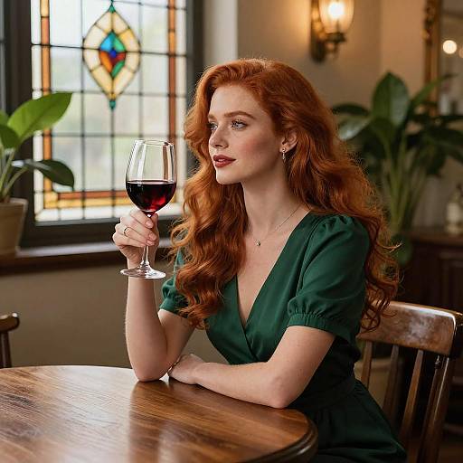 Elegant Woman with Red Hair and Wine