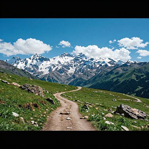 Photograph of a winding dirt path through green grassy mountains, leading to a backdrop of towering, snow-capped peaks under a bright blue sky with