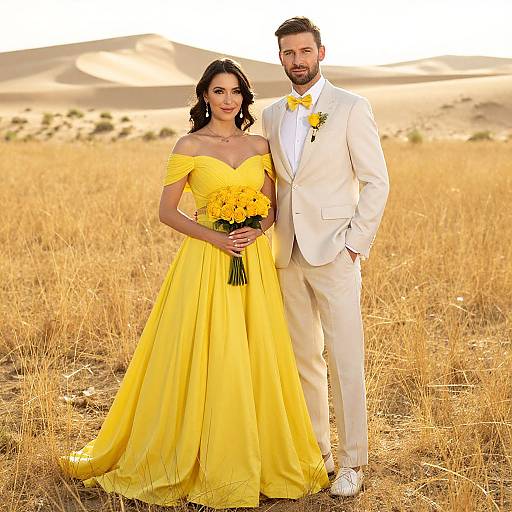 Photograph of a couple in a golden desert; she wears an off-shoulder yellow gown with bouquet, he in a white suit with yellow bow