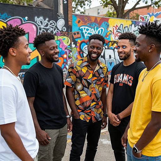 Photograph of five smiling Black men with short, curly hair, standing outdoors in front of vibrant graffiti wall, wearing colorful and black casual shirts.