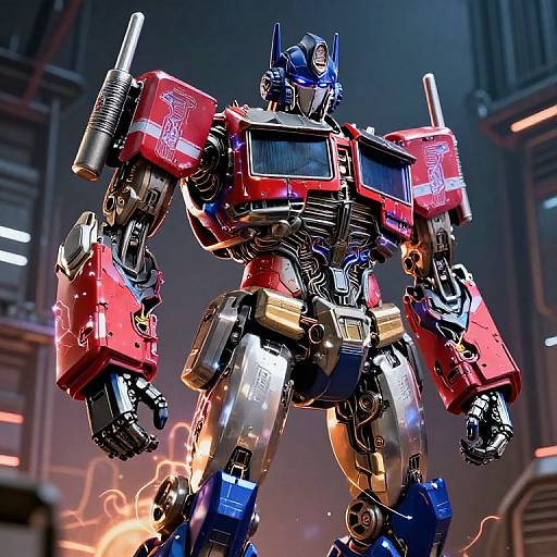 Photorealistic CGI of a red, blue, and silver Optimus Prime-inspired robot with glowing details, standing in a futuristic, industrial setting.