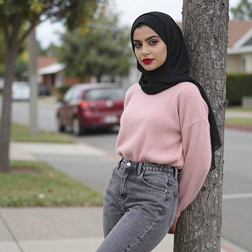 Confident Woman in Hijab by Tree