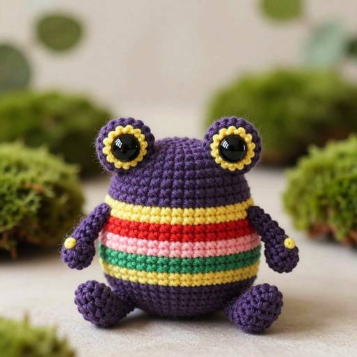Crochet amigurumi frog with black eyes, purple body, red-green-yellow striped belly, sitting on a white surface with blurred greenery background