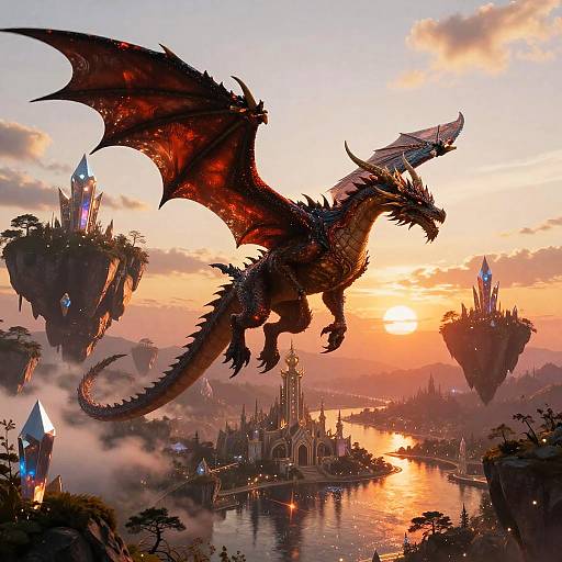 Digital fantasy artwork of a black dragon soaring over a magical city at sunset, with floating crystal towers and a river reflecting the warm, orange sky.