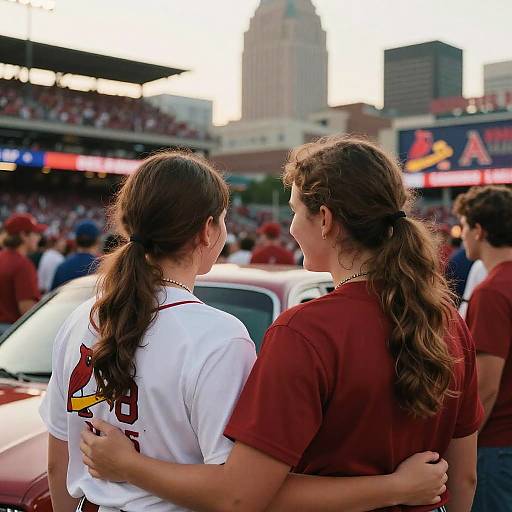 Photograph of two women, one in a white baseball jersey and the other in a maroon shirt, hugging at a crowded baseball stadium.