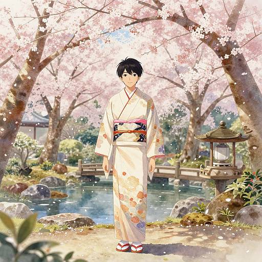 Digital anime-style image of a young man with black hair in a white floral kimono, standing in a cherry blossom garden beside a pond and traditional lantern