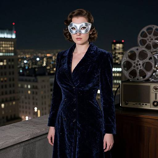 Photograph of a pale-skinned woman with brown, wavy hair wearing a black velvet coat and white, ornate masquerade mask, standing