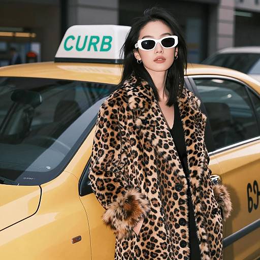 Fashionable woman in leopard print coat beside taxi