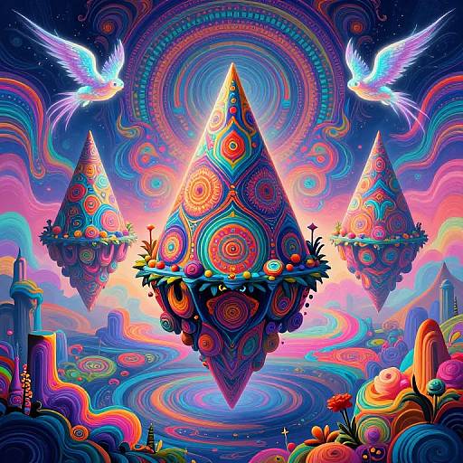 Vibrant digital artwork featuring three floating, ornately patterned pyramids with swirling, rainbow-colored designs, surrounded by ethereal birds, flowers,