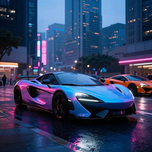 Photograph of a neon-lit, blue and pink highlighted, high-performance sports car on a wet city street at dusk, with skyscrapers and
