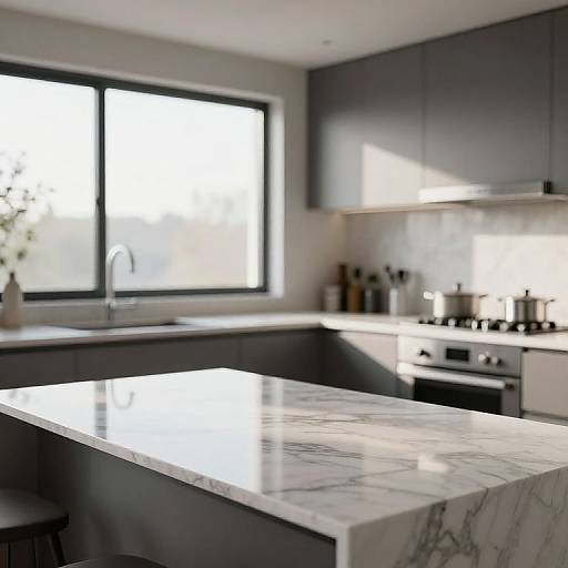 Modern kitchen photograph: dark cabinets, white marble island, stainless steel sink, large window, bright natural light, minimalist decor.