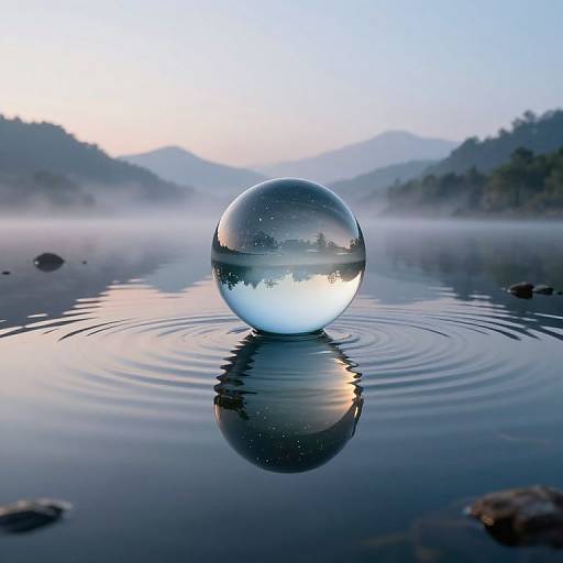 Photograph of a clear glass sphere reflecting a misty mountain landscape, floating on calm water with ripples, at dawn.