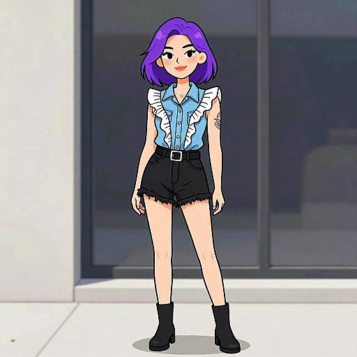 Digital cartoon of a confident woman with purple hair, wearing a blue ruffled shirt, black high-waisted shorts, and black boots, standing in
