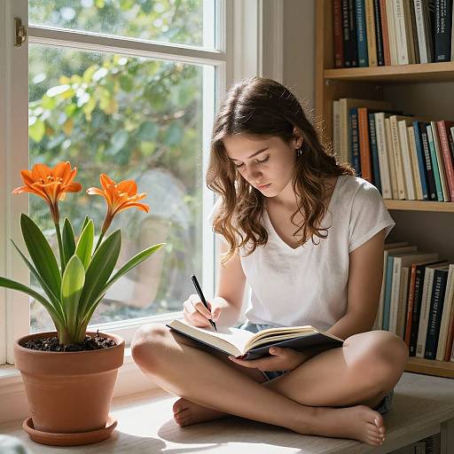 Photograph of a brown-haired woman in a white shirt, sitting cross-legged by a sunlit window, writing in a book while reading another, with