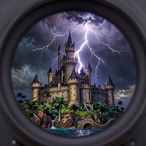 Digital painting of a stormy, lightning-struck castle with turrets, surrounded by palm trees and a waterfall, seen through a circular lens.