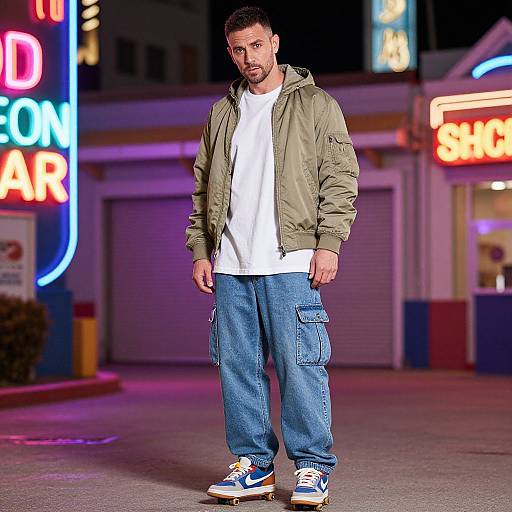 Photograph of a bearded man in a green jacket, white shirt, baggy blue jeans, and blue sneakers, standing at night in front of