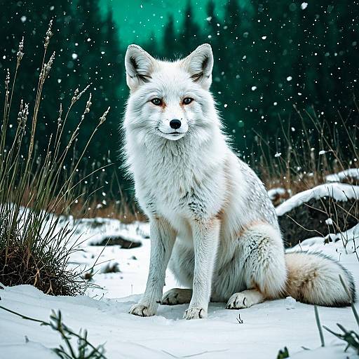 White Fox Sitting in Snowy Meadow