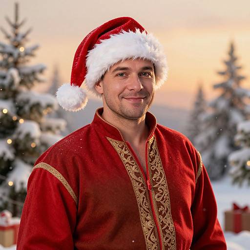 Photograph of a smiling man in a Santa hat and red ornate shirt, standing in a snowy, Christmas-lit forest at sunset.