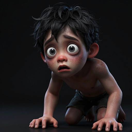 CGI image of a scared, shirtless young boy with messy black hair, wide eyes, and flushed cheeks, crawling on dark background.