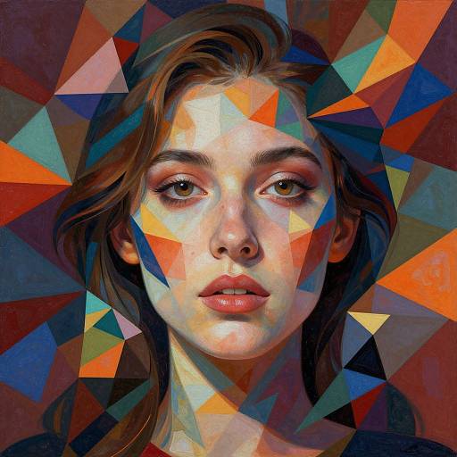 Digital portrait of a young woman with light skin, brown eyes, and brown hair, surrounded by vibrant, geometric triangles in red, orange, blue,